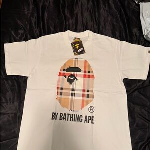 Bape White and Beige Plaid Graphic Tee